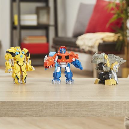 Transformers Playskool Primal Team-Up Pack de 3 con figuras convertibles de dinosaurios Optimus Prime, Bumblebee y Grimlock, juguetes de 11,4 cm, para niños de 3 años en adelante (Exclusivo de Amazon)
