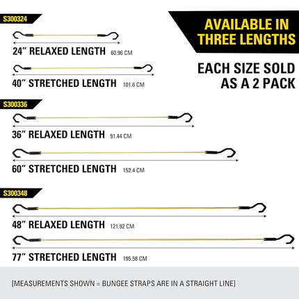 STANLEY S300336 Black/Yellow 36" Premium Flat Bungee Cord Straps, 2 Pack