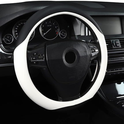 Microfiber Leather 15" Universal Fit Car Steering Wheel Cover, Elastic Nonslip Breathable and Odorless, Black & White