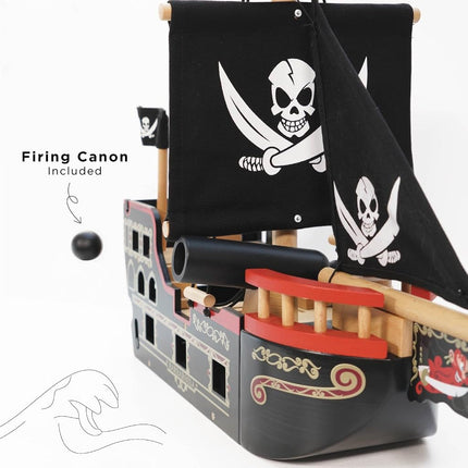 Le Toy Van - Wooden Educational Pirates Collection Barbarossa Pirate Ship With Cannon, Cannon Balls, Plank, Trap Door and Anchor | Pretend Play Pirate Toys, Black, Medium