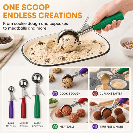 Cookie Scoop Set, Ice Cream Scoop Set, 3 PCS Ice Cream Scoops Trigger Include Large Medium Small Size Cookie Scoop, Polishing Stainless Steel 18/8 Melon Scooper - Elegant Package