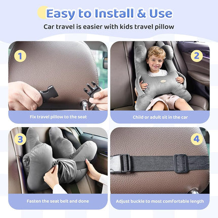 Almohada de viaje para niños FLORICH, almohada de viaje para dormir en coche para niños, almohada lavable en forma de H para adultos y niños para apoyar la cabeza y el cuerpo en viajes por carretera (gris)