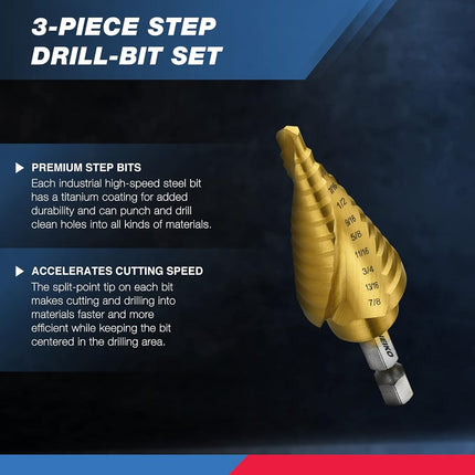 NEIKO 10181A Step Drill Bit Set, 3 Piece, Spiral Grooved for Faster Drilling, Step Bits for Stainless Steel, Metal, Wood, Plastic, Unibit Cone Drill Bits with 31 Step Sizes Total