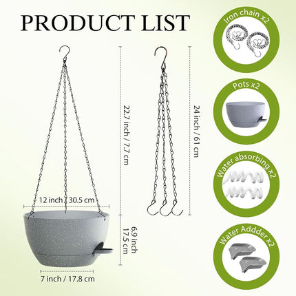 SQKH 12 Inch Hanging Baskets 2 PC with Chains, Self-Watering Hanging Planters for Indoor Outdoor Plants, Plastic Hanging Flower Pots,Speckled Grey