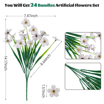 Lnoicy 24 Pcs Artificial Flowers for Outdoor,Plastic Flowers Decoration, UV Resistant Faux Flowers Shrubs, Artificial Plants for Indoor Outside Garden Home Wedding Farmhouse(White)