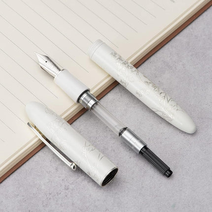 HONG DIAN Hongdian N23 White Rabbit Fountain Pen, Iridium Extra Fine Nib Silver Trim, New Year Lucky Carving Design, Smooth Writing Pen with Converter and Metal Box Set