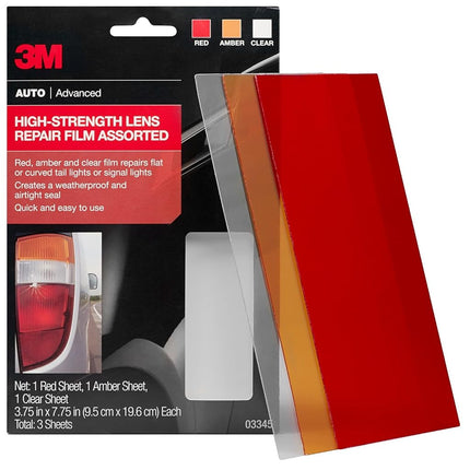 3M Auto High-Strength Lens Repair Film, 3.5 in x 7.75 in, Assorted Sheets: Red/Amber/Clear, Weatherproof & Airtight Seal, Flexible Film Repairs Flat or Curved Lenses on Truck & Car Lights (03345)