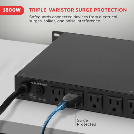 Acondicionador de corriente Pyle-Pro PCO800 de 19 pulgadas para montaje en rack de 1800 W con 8 tomas de corriente