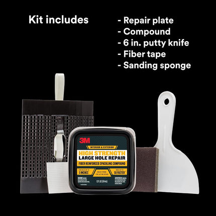 3M High Strength Large Hole Repair Kit, Includes Fiber Reinforced Spackling Compound (12 oz.), Repair Plate, Putty Knife and Sanding Sponge, for Easy Wall Repair, No Shrinking or Cracking (LHR-KIT)