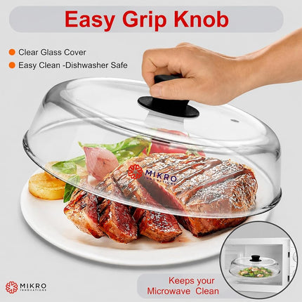Microwave Glass plate cover for food - Sturdy Borosilicate glass splatter guard with vent hole - 100% Food Safe BPA free Easy Grip Silicone Knob and Dishwasher safe - 10.5in