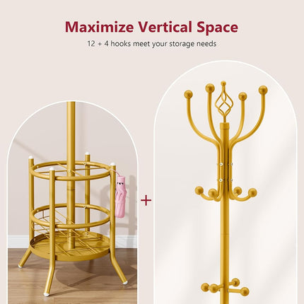 Tajsoon Coat Rack with Umbrella Holder, Coat Tree With 16 Hooks, Gold