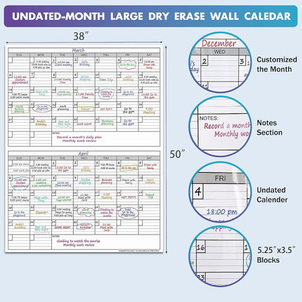 Dry Erase Two Month Laminated jumbo Wall Calendar, 38" x 50", Huge bimonthly Vertical Laminated Erasable White Board, Giant 60 day Family Whiteboard Schedule Planner, Large Multi Month Reusable Poster