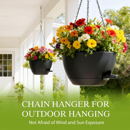SQKH 10 Inch Hanging Baskets 2 PC with Chains, Self-Watering Hanging Planters for Indoor Outdoor Plants, Plastic Hanging Flower Pots,Black