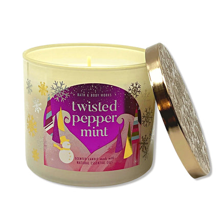 Bougie Twisted Peppermint Bath & Body Works 3 mèches aux huiles essentielles – 411 g – Parfums de Noël 2022