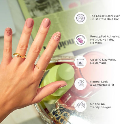 KISS imPRESS No Glue Mani Press On Nails, Design, 'Kingdom', Pink, Short Size, Squoval Shape, Includes 30 Nails, Prep Pad, Instructions Sheet, 1 Manicure Stick, 1 Mini File