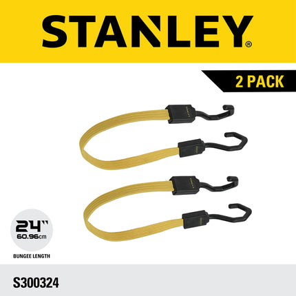 STANLEY S300324 Black/Yellow 24" Premium Flat Bungee Cord Straps, 2 Pack