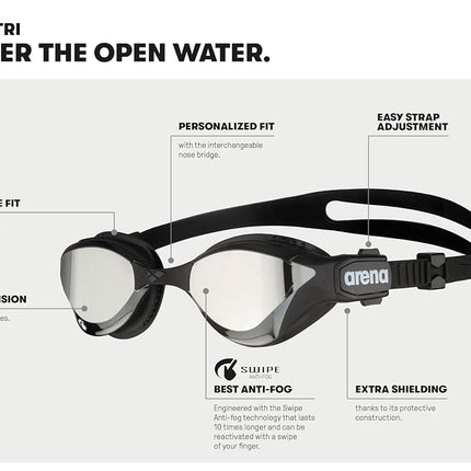 ARENA Cobra Tri Swipe Mirror Unisex Adult Triathlon Goggles, Swimming Pool Goggles with Mirror Lenses, Anti-Fog, UV Protection, 3 Interchangeable Nose Bridges