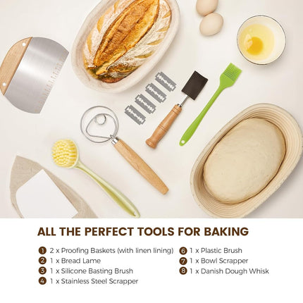 Banneton Bread Sourdough Proofing Basket - Sourdough Starter Kit Set Of 2, Sourdough Bread Baking Supplies 10" Oval Set of 2, Bread Proofing Basket with 8 Accessories