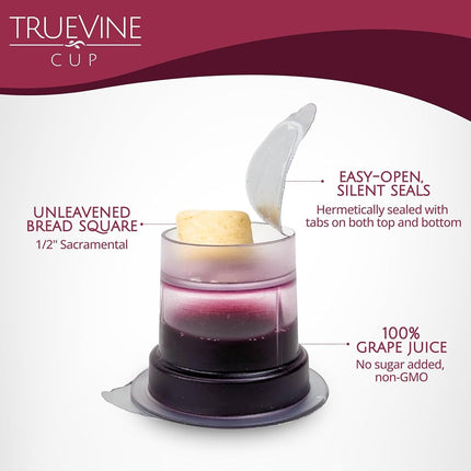 TrueVine Top & Bottom Communion Cups and Wafer Set - Prefilled Cups with Fresh Unleavened Bread & Grape Juice - Carefully Packaged & Easy to Open, Ideal First Communion Favors for Guests (100 Count)