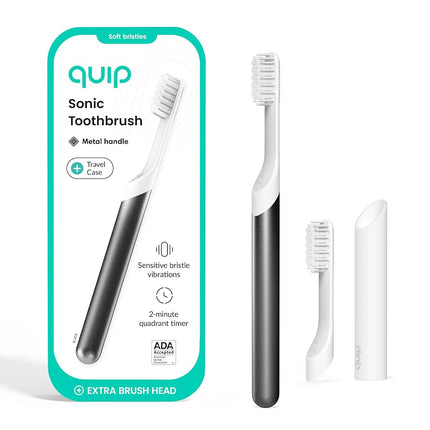quip Electric Toothbrush for Adult - Sonic Toothbrush with Travel Cover and Mirror Holder, Soft Bristles, Timer and Metal Handle - Slate