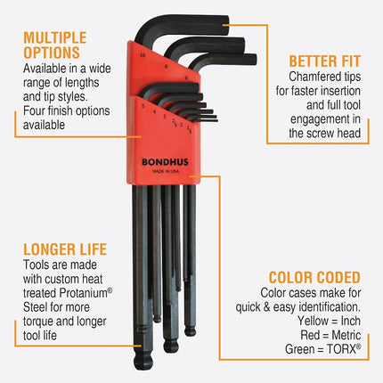 Bondhus Ball End L-Wrench Key 9-Pieces Set, 1.50-Inch Size