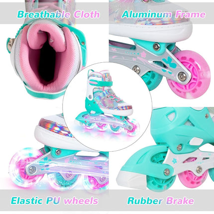 Kids Inline Skates for Girls Boys - Teal Blades Roller for Kids Youth Age 7 8 9 10 - Adjustable All Light up Wheels Indoor Outdoor Sports