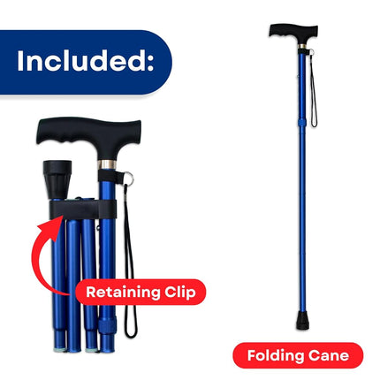 Bastón Plegable RMS - Plegable, Ajustable, Ligero de Aluminio con Mango Desplazado - Bastón Plegable con Mango Ergonómico Derby - Ayuda Ideal para la Vida Diaria para Movilidad Limitada (Azul)