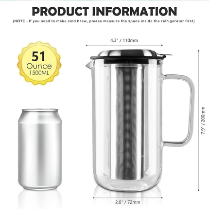 Aquach 51oz Glass Teapot with Infuser, Stovetop Safe Borosilicate Tea Pot