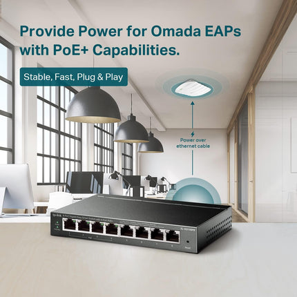 TP-Link conmutador PoE Gigabit de 8 puertos con 4 puertos PoE a 55 W, Easy Smart Plug & Play, protección de por vida, carcasa metálica resistente con puertos blindados, compatible con QoS, VLAN, IGMP y agregación de enlaces (TL-SG108PE)