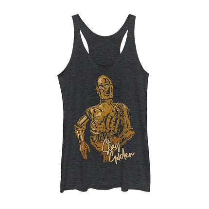 Fifth Sun Women's Star Wars: The Rise of Skywalker C-3PO Stay Golden Racerback Tank Top, Black Heather, Medium