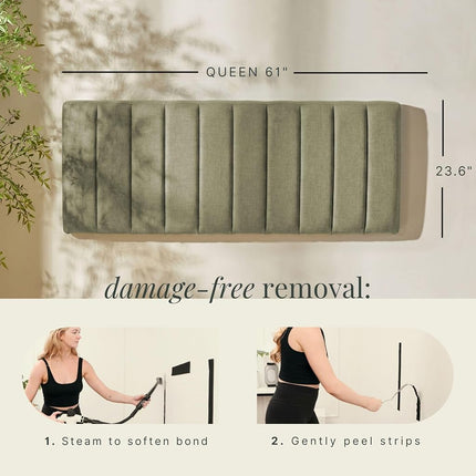 Upholstered Queen Headboard - Easy Assemble Channel Stitched Headboard Queen Size - Wall Mounted Headboards with 3D Soundproof Wall Panels Peel & Stick Floating Headboards, Olive Green