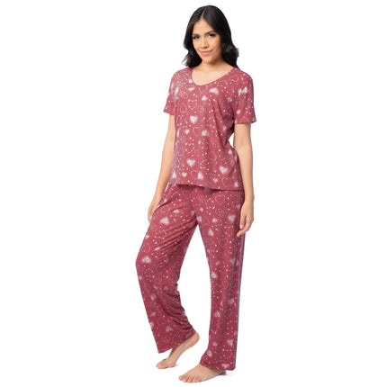 Fruit of the Loom womens Short Sleeve Tee and Pant 2 Piece Sleep Set, Red/Hearts, XL