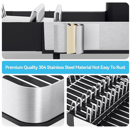 Urackify Foldable Dish Drying Rack, Expandable 304 Stainless Steel Dish Drainer with Removable Cutlery Holder, Space-Saving Dish Rack for Kitchen Counter, Black
