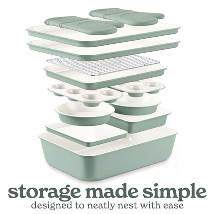 Country Kitchen Nonstick Stackable Bakeware Set - Deluxe Heavy Duty, Durable, Easy Release Baking Set, Sage, 13 Pcs with Handles