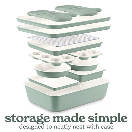 Country Kitchen Nonstick Stackable Bakeware Set - Deluxe Heavy Duty, Durable, Easy Release Baking Set, Sage, 13 Pcs with Handles