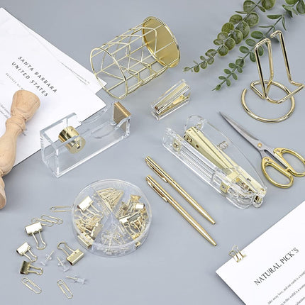 EOOUT Gold Office Supplies Set Desk Accessories, Acrylic Stapler Set Staple Remover, Phone Holder, Tape Holder, Pen Holder, 2 Ballpoint Pen, Scissor, Binder Clips, Ruler, Transparent Glue and Staples.
