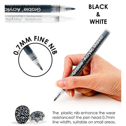 Grabie 6 Pack of Black & White Acrylic Paint Markers, 0.7 mm Extra Fine Tip