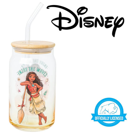 Silver Buffalo Disney Moana “Enjoy The Waves” Glass Tumbler with Bamboo Lid and Glass Straw, 16 Ounces