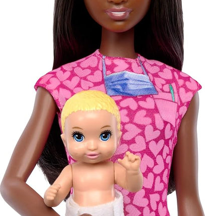 Barbie Baby Doctor with Brunette Fashion Doll Wearing Pink Scrubs, 1 Baby Doll with Accessories & Furniture