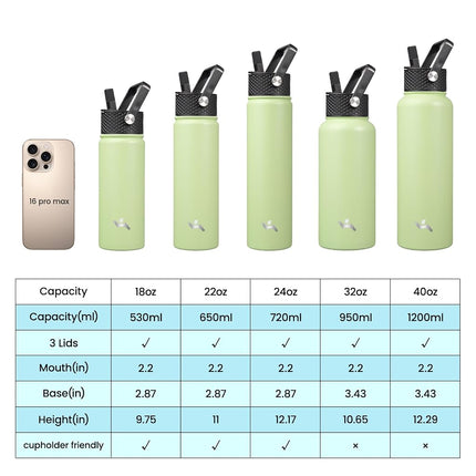 Konokyo Insulated Water Bottle with Straw,22oz 3 Lids Metal Bottles Stainless Steel Water Flask,Macaron Green