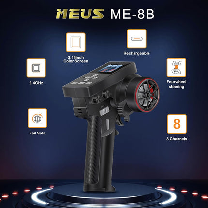 MEUS Racing ME-8B RC Transmitter 8 Channels 2.4GHz and Receiver for 1/8 1/10 1/18 1/24 RC Crawler Car Boat TRX4 TRX4M SCX10 SCX24 Upgrades Parts (Black)