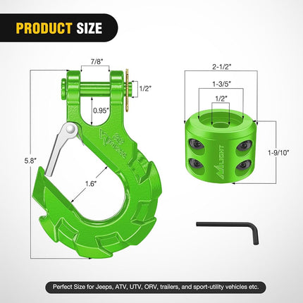 Nilight Forged Steel Winch Hook 3/8" Grade 70 Safety Latch Winch Cable Hook Stopper & Clevis Slip Hook Sets, Included Allen Wrench,Max 35,000 lbs,2 Years Warranty, Green