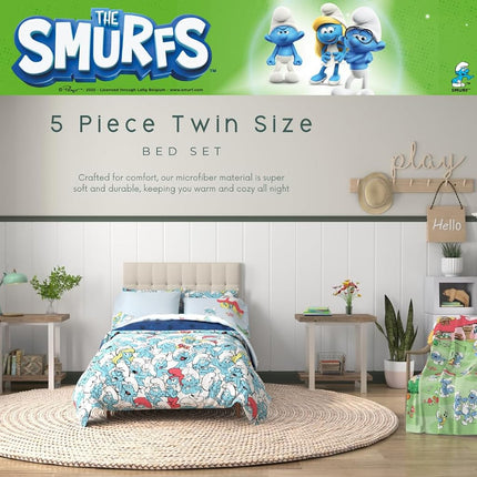 Franco The Smurfs Kids Bedding Super Soft & Cozy Reverisble Microfiber Comforter and Sheet Set with Sham, 5 Piece Twin Size, (Officially Licensed Product)