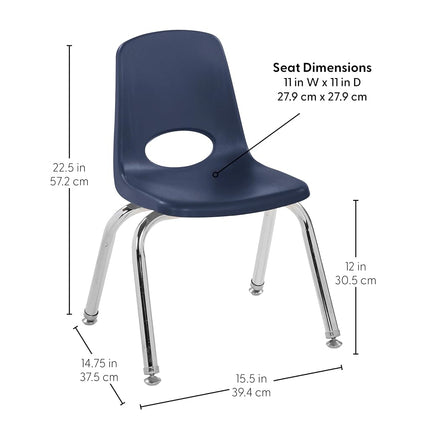 12" School Stack Chair, Stacking Student Chairs with Chromed Steel Legs and Nylon Swivel Glides - Navy (6-Pack)