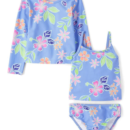 The Children's Place Baby Girl's and Toddler Long Sleeve Rashguard and Tankini Swimsuit, 3 Piece Set, Gulf Blue, 5T