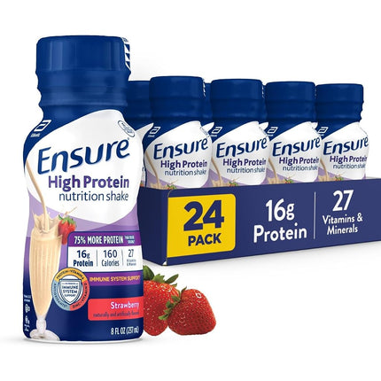 Ensure Batido nutricional de fresa rico en proteínas, listo para beber, 16 g de proteína y 27 vitaminas y minerales, 8 fl oz, paquete de 24