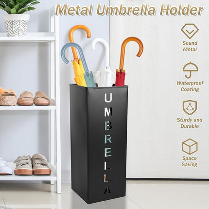 Metal Umbrella Stand, 16.5x6.3x6.3inch Square Free Standing Umbrella Rack Decorative Umbrella Holder Bin Multipurpose Walking Sticks Holder for Umbrella Cane Entryway Home Office(black)