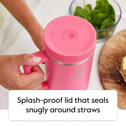 Takeya Straw Tumbler with Handle - for Coffee, Water & More - Durable with Built-in Silicone Coaster & 2 Straws - Double Stainless Steel Insulation - 40 oz, Blush