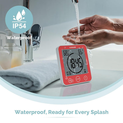 KADAMS Digital Bathroom Shower Kitchen Clock Timer with Alarm, Waterproof for Water Splashes, Visual Countdown Timer, Time Management Tool, Indoor Temperature Humidity, Suction Cup, Hole Stand - Blue