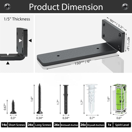 Heavy Duty Shelf Brackets 6 Inch (1/5") Thick, 6 Pack Floating Hidden Brackets, Rustic Industrial with Modern Iron Finish